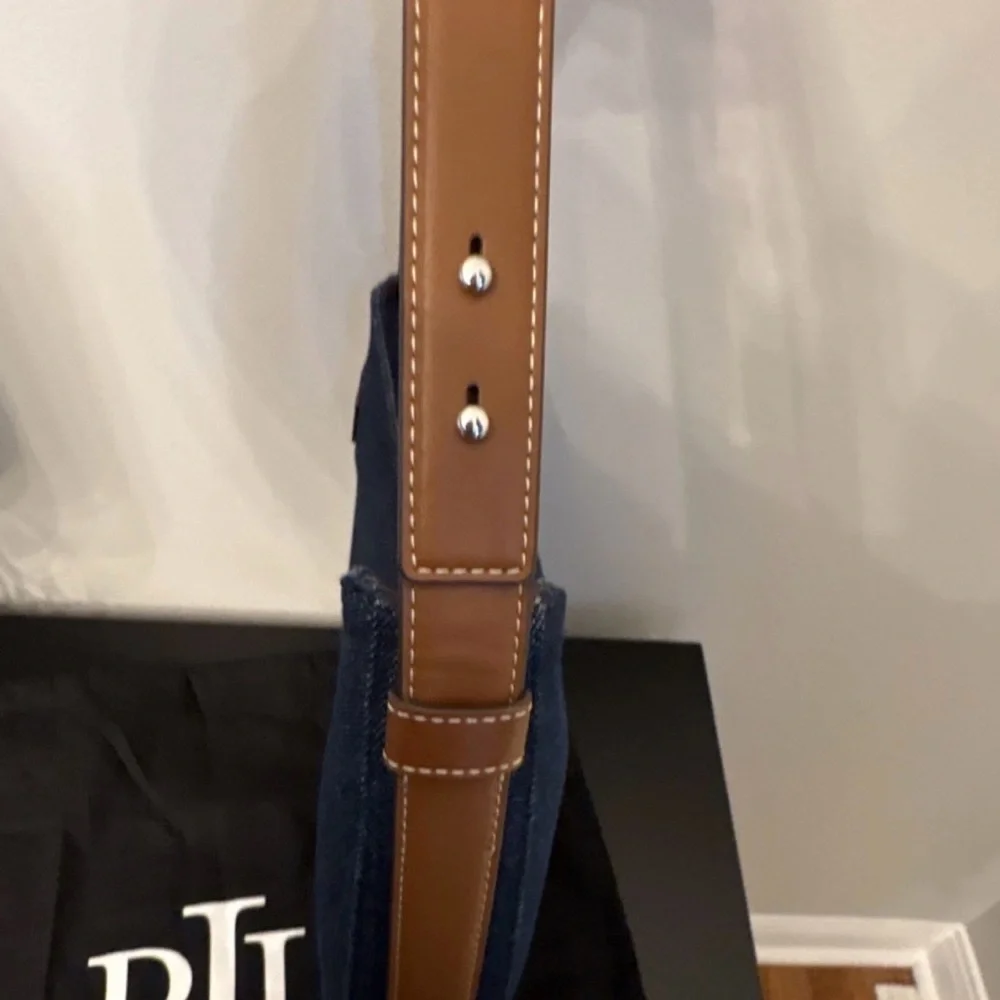 Lauren Ralph Lauren Denim Crescent Shoulder Bag with Tan Leather Trim - Picture 4 of 8